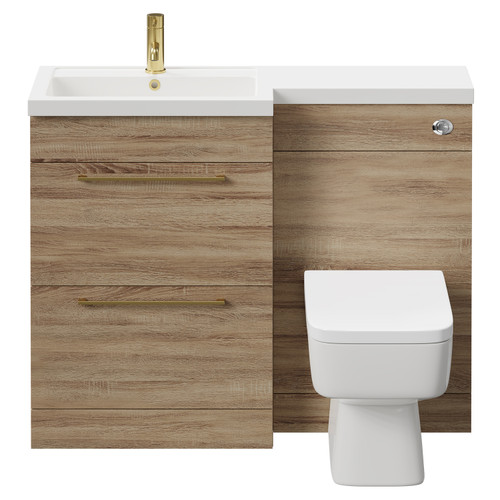 Napoli 390 Combination Bordalino Oak 1100mm Vanity Unit Toilet Suite with Left Hand L Shaped 1 Tap Hole Basin and 2 Drawers with Brushed Brass Handles Front View