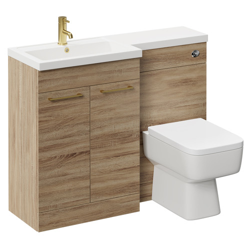 Napoli 390 Combination Bordalino Oak 1100mm Vanity Unit Toilet Suite with Left Hand L Shaped 1 Tap Hole Basin and 2 Doors with Brushed Brass Handles Left Hand View