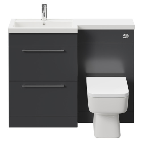 Napoli 390 Combination Gloss Grey 1100mm Vanity Unit Toilet Suite with Left Hand L Shaped 1 Tap Hole Basin and 2 Drawers with Polished Chrome Handles Front View