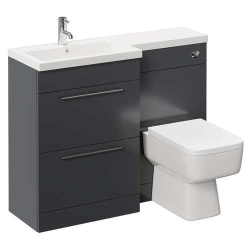 Napoli 390 Combination Gloss Grey 1100mm Vanity Unit Toilet Suite with Left Hand L Shaped 1 Tap Hole Basin and 2 Drawers with Polished Chrome Handles Left Hand View