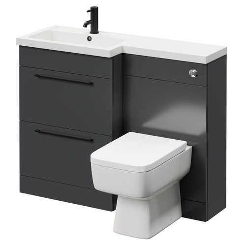 Napoli 390 Combination Gloss Grey 1100mm Vanity Unit Toilet Suite with Left Hand L Shaped 1 Tap Hole Basin and 2 Drawers with Matt Black Handles Right Hand View