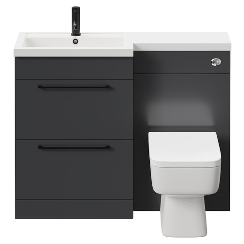 Napoli 390 Combination Gloss Grey 1100mm Vanity Unit Toilet Suite with Left Hand L Shaped 1 Tap Hole Basin and 2 Drawers with Matt Black Handles Front View