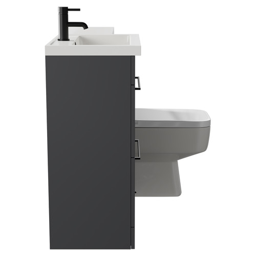 Napoli 390 Combination Gloss Grey 1100mm Vanity Unit Toilet Suite with Left Hand L Shaped 1 Tap Hole Basin and 2 Drawers with Matt Black Handles Side View