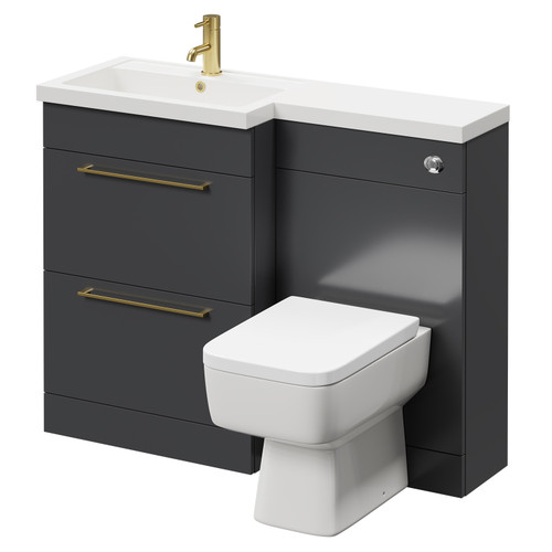 Napoli 390 Combination Gloss Grey 1100mm Vanity Unit Toilet Suite with Left Hand L Shaped 1 Tap Hole Basin and 2 Drawers with Brushed Brass Handles Right Hand View