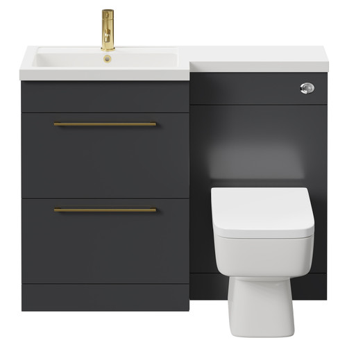 Napoli 390 Combination Gloss Grey 1100mm Vanity Unit Toilet Suite with Left Hand L Shaped 1 Tap Hole Basin and 2 Drawers with Brushed Brass Handles Front View