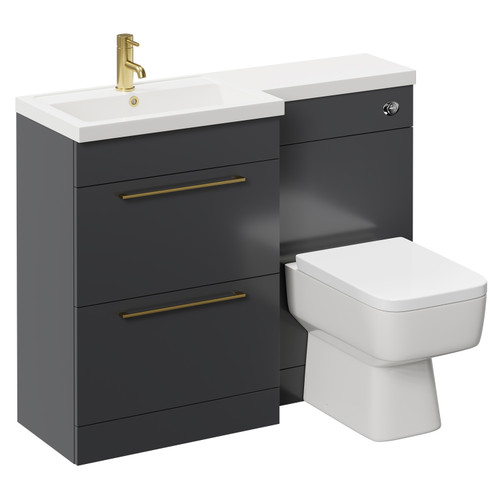 Napoli 390 Combination Gloss Grey 1100mm Vanity Unit Toilet Suite with Left Hand L Shaped 1 Tap Hole Basin and 2 Drawers with Brushed Brass Handles Left Hand View