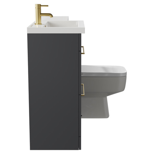 Napoli 390 Combination Gloss Grey 1100mm Vanity Unit Toilet Suite with Left Hand L Shaped 1 Tap Hole Basin and 2 Drawers with Brushed Brass Handles Side View
