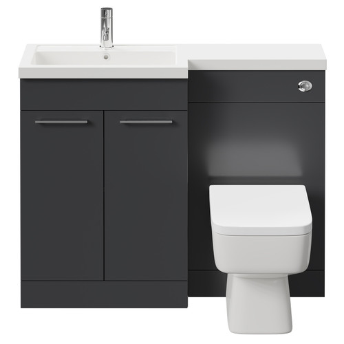 Napoli 390 Combination Gloss Grey 1100mm Vanity Unit Toilet Suite with Left Hand L Shaped 1 Tap Hole Basin and 2 Doors with Polished Chrome Handles Front View