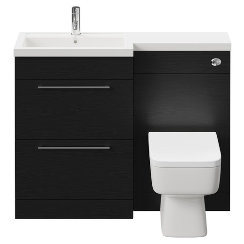 Napoli 390 Combination Nero Oak 1100mm Vanity Unit Toilet Suite with Left Hand L Shaped 1 Tap Hole Basin and 2 Drawers with Polished Chrome Handles Front View