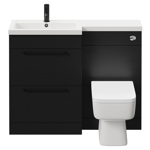 Napoli 390 Combination Nero Oak 1100mm Vanity Unit Toilet Suite with Left Hand L Shaped 1 Tap Hole Basin and 2 Drawers with Matt Black Handles Front View