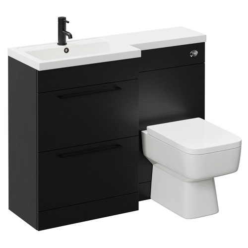 Napoli 390 Combination Nero Oak 1100mm Vanity Unit Toilet Suite with Left Hand L Shaped 1 Tap Hole Basin and 2 Drawers with Matt Black Handles Left Hand View