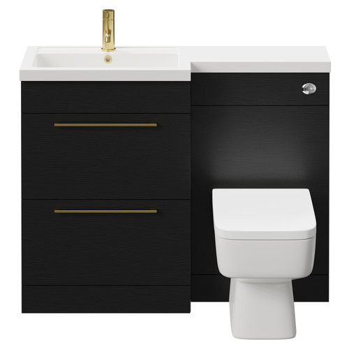 Napoli 390 Combination Nero Oak 1100mm Vanity Unit Toilet Suite with Left Hand L Shaped 1 Tap Hole Basin and 2 Drawers with Brushed Brass Handles Front View