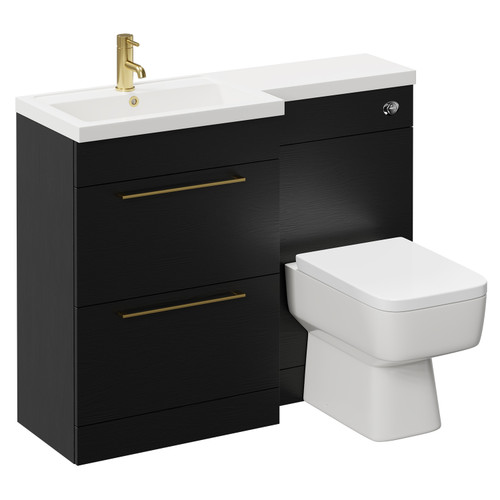 Napoli 390 Combination Nero Oak 1100mm Vanity Unit Toilet Suite with Left Hand L Shaped 1 Tap Hole Basin and 2 Drawers with Brushed Brass Handles Left Hand View