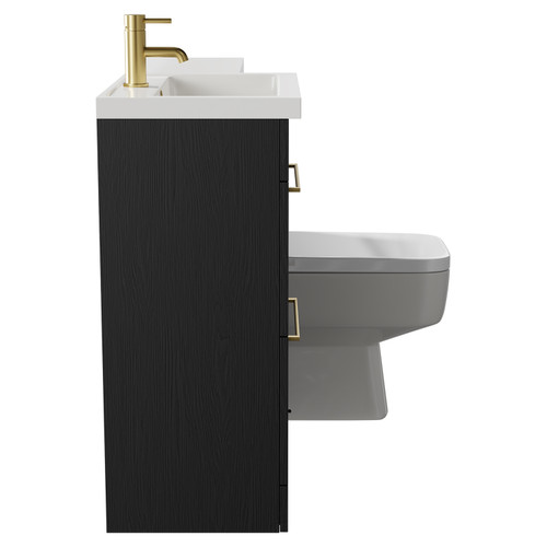 Napoli 390 Combination Nero Oak 1100mm Vanity Unit Toilet Suite with Left Hand L Shaped 1 Tap Hole Basin and 2 Drawers with Brushed Brass Handles Side View