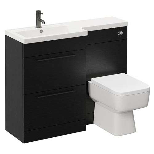 Napoli 390 Combination Nero Oak 1100mm Vanity Unit Toilet Suite with Left Hand L Shaped 1 Tap Hole Basin and 2 Drawers with Gunmetal Grey Handles Left Hand View