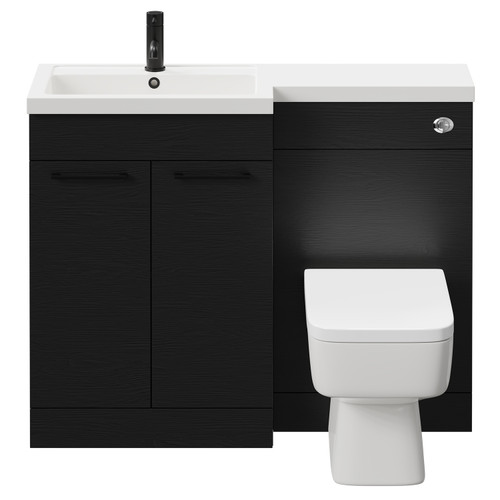 Napoli 390 Combination Nero Oak 1100mm Vanity Unit Toilet Suite with Left Hand L Shaped 1 Tap Hole Basin and 2 Doors with Matt Black Handles Front View