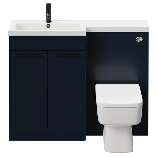 Napoli 390 Combination Deep Blue 1100mm Vanity Unit Toilet Suite with Left Hand L Shaped 1 Tap Hole Basin and 2 Doors with Matt Black Handles Front View