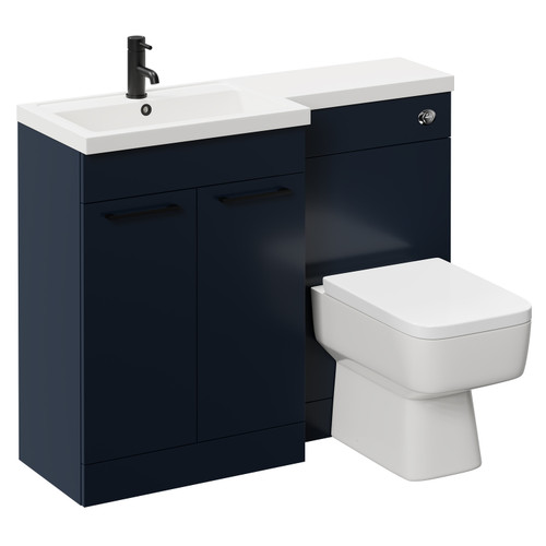 Napoli 390 Combination Deep Blue 1100mm Vanity Unit Toilet Suite with Left Hand L Shaped 1 Tap Hole Basin and 2 Doors with Matt Black Handles Left Hand View