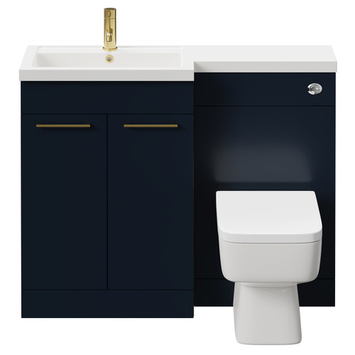 Napoli 390 Combination Deep Blue 1100mm Vanity Unit Toilet Suite with Left Hand L Shaped 1 Tap Hole Basin and 2 Doors with Brushed Brass Handles Front View