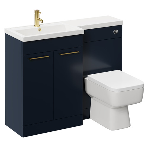 Napoli 390 Combination Deep Blue 1100mm Vanity Unit Toilet Suite with Left Hand L Shaped 1 Tap Hole Basin and 2 Doors with Brushed Brass Handles Left Hand View