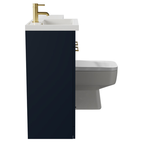 Napoli 390 Combination Deep Blue 1100mm Vanity Unit Toilet Suite with Left Hand L Shaped 1 Tap Hole Basin and 2 Doors with Brushed Brass Handles Side View