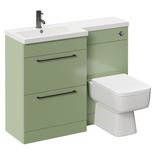 Napoli 390 Combination Olive Green 1100mm Vanity Unit Toilet Suite with Left Hand L Shaped 1 Tap Hole Basin and 2 Drawers with Gunmetal Grey Handles Left Hand View