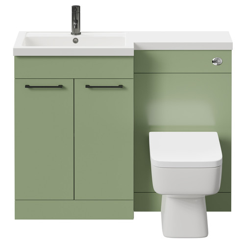 Napoli 390 Combination Olive Green 1100mm Vanity Unit Toilet Suite with Left Hand L Shaped 1 Tap Hole Basin and 2 Doors with Gunmetal Grey Handles Front View