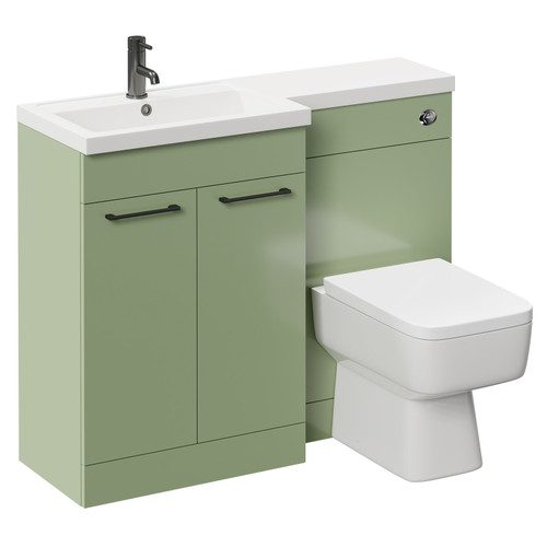 Napoli 390 Combination Olive Green 1100mm Vanity Unit Toilet Suite with Left Hand L Shaped 1 Tap Hole Basin and 2 Doors with Gunmetal Grey Handles Left Hand View