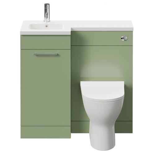 Napoli Combination Olive Green 900mm Vanity Unit Toilet Suite with Left Hand L Shaped 1 Tap Hole Round Basin and Single Door with Polished Chrome Handle Front View