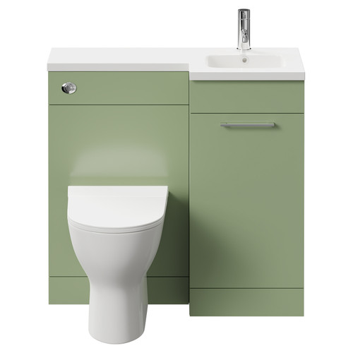 Napoli Combination Olive Green 900mm Vanity Unit Toilet Suite with Right Hand L Shaped 1 Tap Hole Round Basin and Single Door with Polished Chrome Handle Front View