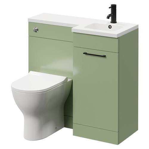 Napoli Combination Olive Green 900mm Vanity Unit Toilet Suite with Right Hand L Shaped 1 Tap Hole Round Basin and Single Door with Matt Black Handle Right Hand View