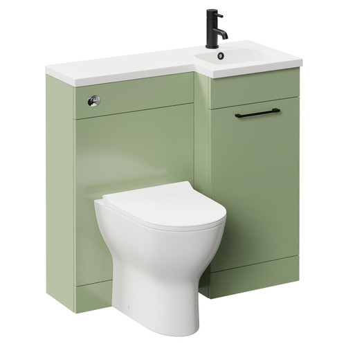 Napoli Combination Olive Green 900mm Vanity Unit Toilet Suite with Right Hand L Shaped 1 Tap Hole Round Basin and Single Door with Matt Black Handle Left Hand View