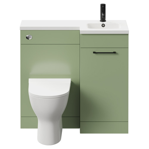 Napoli Combination Olive Green 900mm Vanity Unit Toilet Suite with Right Hand L Shaped 1 Tap Hole Round Basin and Single Door with Matt Black Handle Front View