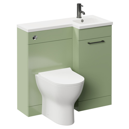 Napoli Combination Olive Green 900mm Vanity Unit Toilet Suite with Right Hand L Shaped 1 Tap Hole Round Basin and Single Door with Gunmetal Grey Handle Left Hand View