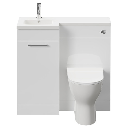 Napoli Combination Gloss White 900mm Vanity Unit Toilet Suite with Left Hand L Shaped 1 Tap Hole Round Basin and Single Door with Polished Chrome Handle Front View