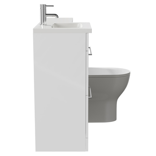 Napoli Combination Gloss White 1000mm Vanity Unit Toilet Suite with Left Hand L Shaped 1 Tap Hole Round Basin and 2 Drawers with Polished Chrome Handles Side on View