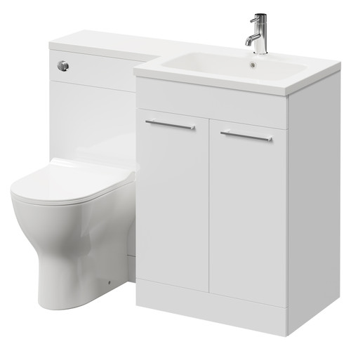 Napoli Combination Gloss White 1100mm Vanity Unit Toilet Suite with Right Hand L Shaped 1 Tap Hole Round Basin and 2 Doors with Polished Chrome Handles Right Hand Side View