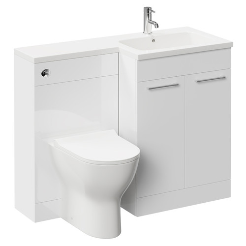 Napoli Combination Gloss White 1100mm Vanity Unit Toilet Suite with Right Hand L Shaped 1 Tap Hole Round Basin and 2 Doors with Polished Chrome Handles Left Hand Side View