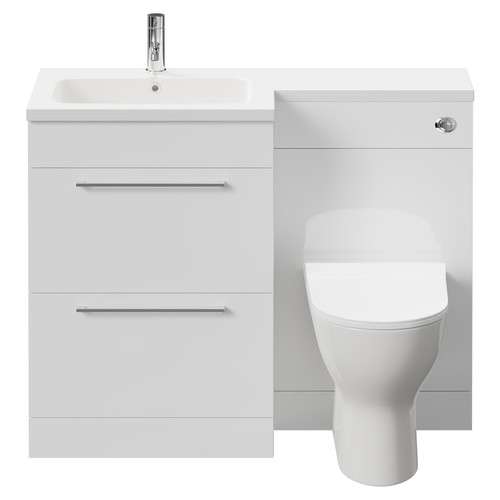Napoli Combination Gloss White 1100mm Vanity Unit Toilet Suite with Left Hand L Shaped 1 Tap Hole Round Basin and 2 Drawers with Polished Chrome Handles Front View