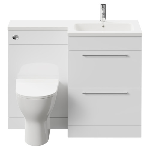Napoli Combination Gloss White 1100mm Vanity Unit Toilet Suite with Right Hand L Shaped 1 Tap Hole Round Basin and 2 Drawers with Polished Chrome Handles Front View