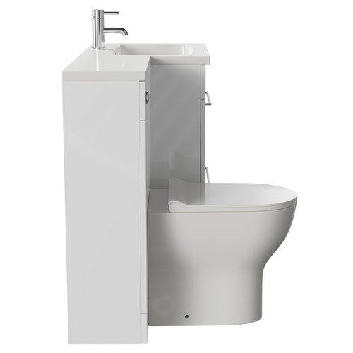Napoli Combination Gloss White 1100mm Vanity Unit Toilet Suite with Right Hand L Shaped 1 Tap Hole Round Basin and 2 Drawers with Polished Chrome Handles Side on View
