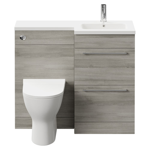 Napoli Combination Molina Ash 1000mm Vanity Unit Toilet Suite with Right Hand L Shaped 1 Tap Hole Round Basin and 2 Drawers with Polished Chrome Handles Front View