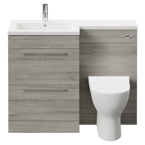 Napoli Combination Molina Ash 1100mm Vanity Unit Toilet Suite with Left Hand L Shaped 1 Tap Hole Round Basin and 2 Drawers with Polished Chrome Handles Front View