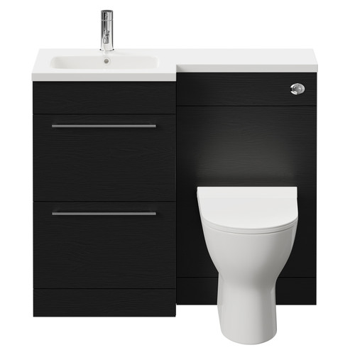 Napoli Combination Nero Oak 1000mm Vanity Unit Toilet Suite with Left Hand L Shaped 1 Tap Hole Round Basin and 2 Drawers with Polished Chrome Handles Front View