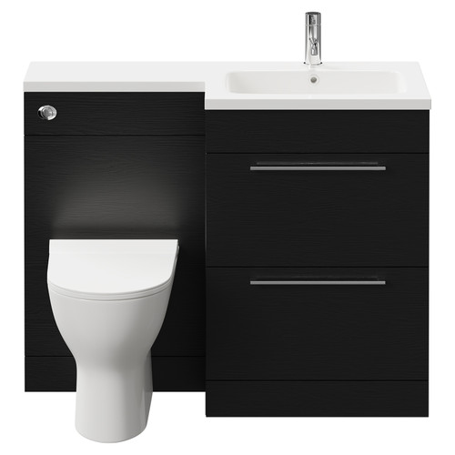 Napoli Combination Nero Oak 1100mm Vanity Unit Toilet Suite with Right Hand L Shaped 1 Tap Hole Round Basin and 2 Drawers with Polished Chrome Handles Front View