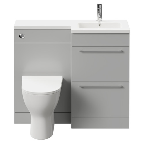 Napoli Combination Gloss Grey Pearl 1000mm Vanity Unit Toilet Suite with Right Hand L Shaped 1 Tap Hole Round Basin and 2 Drawers with Polished Chrome Handles Front View