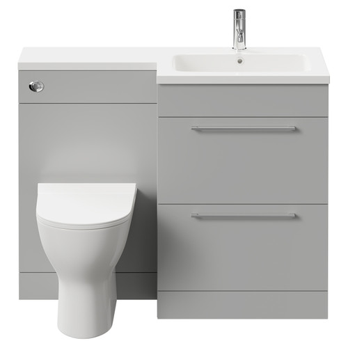 Napoli Combination Gloss Grey Pearl 1100mm Vanity Unit Toilet Suite with Right Hand L Shaped 1 Tap Hole Round Basin and 2 Drawers with Polished Chrome Handles Front View