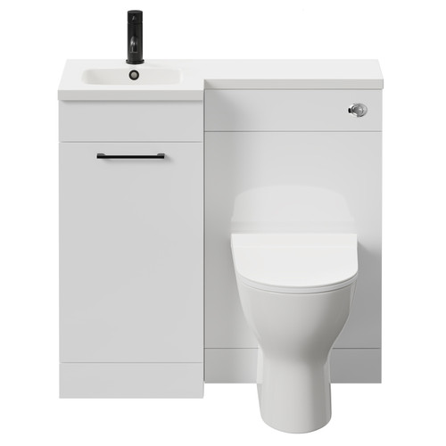 Napoli Combination Gloss White 900mm Vanity Unit Toilet Suite with Left Hand L Shaped 1 Tap Hole Round Basin and Single Door with Matt Black Handle Front View