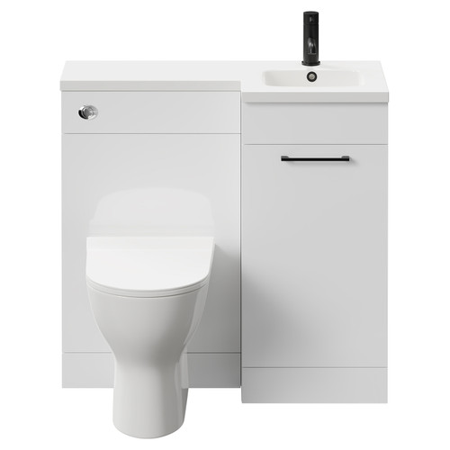 Napoli Combination Gloss White 900mm Vanity Unit Toilet Suite with Right Hand L Shaped 1 Tap Hole Round Basin and Single Door with Matt Black Handle Front View