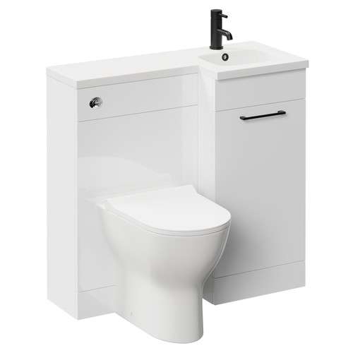 Napoli Combination Gloss White 900mm Vanity Unit Toilet Suite with Right Hand L Shaped 1 Tap Hole Round Basin and Single Door with Matt Black Handle Left Hand Side View